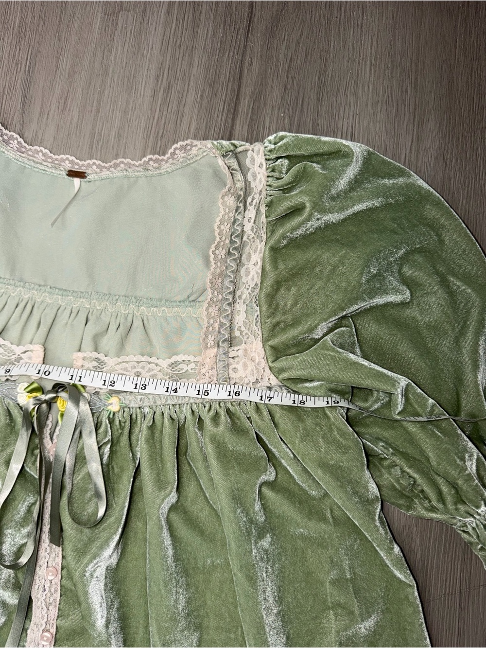 Free People Sage Green Velvet Blouse with Lace Trim - Picture 5 of 16